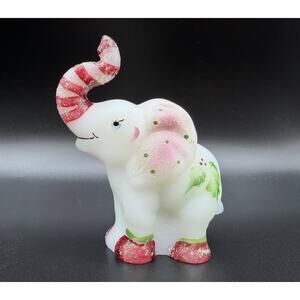 Fenton Hand Painted Satin Glass Christmas Elephant Figurine 4” Candy Cane Trunk